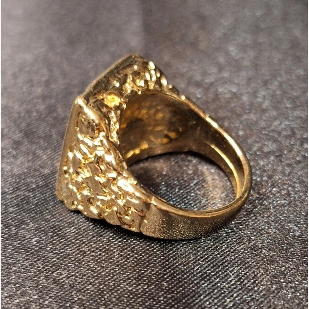 Mens Gold Tone Nugget Signet Ring Black Onyx Style Stone Rhinestones Size 9